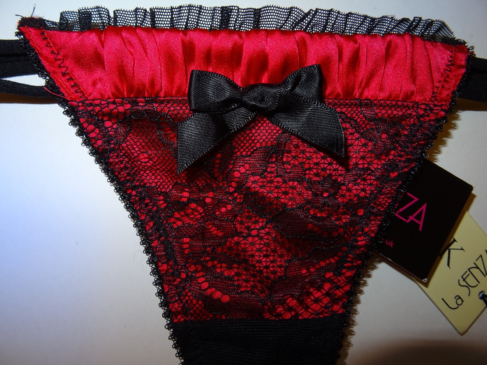 Bnwt La Senza 10 12 16 18 Thong Red Rouched Silk Black Lace