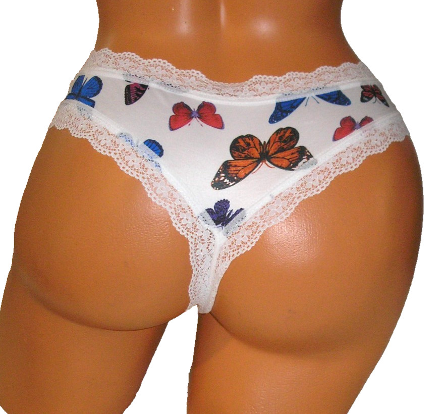 Panties Lingerie Lace Trim Butterfly Print White Thong, XL Adult Gift