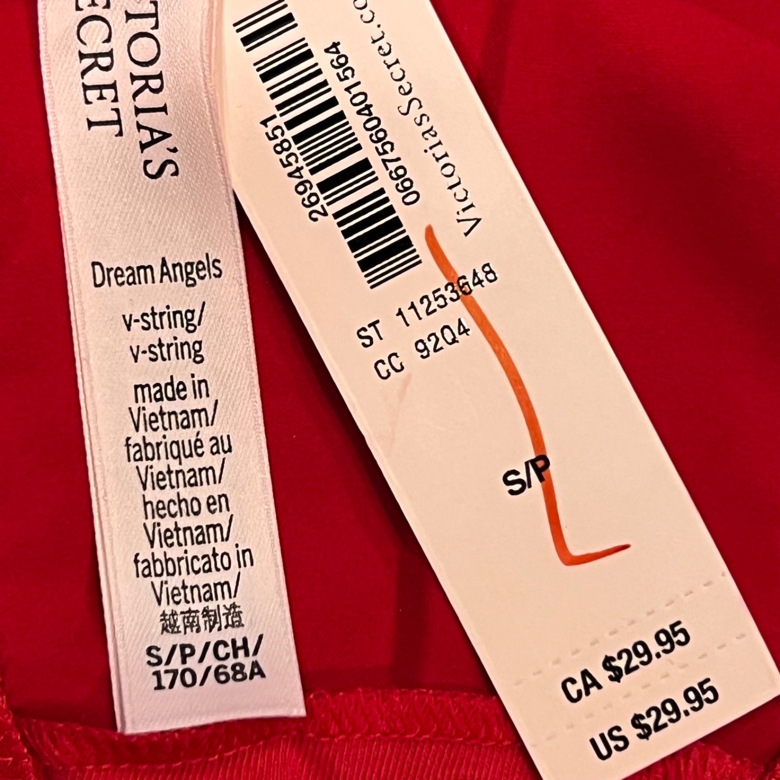 NWT VICTORIA’S SECRET Dream Angels V String Sz XS-S-M Red Silky Bow Bling