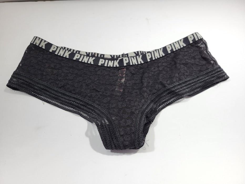 PINK Victoria’s Secret Boyshort Panties Womens XS Black Lace Logo Waist Sheer