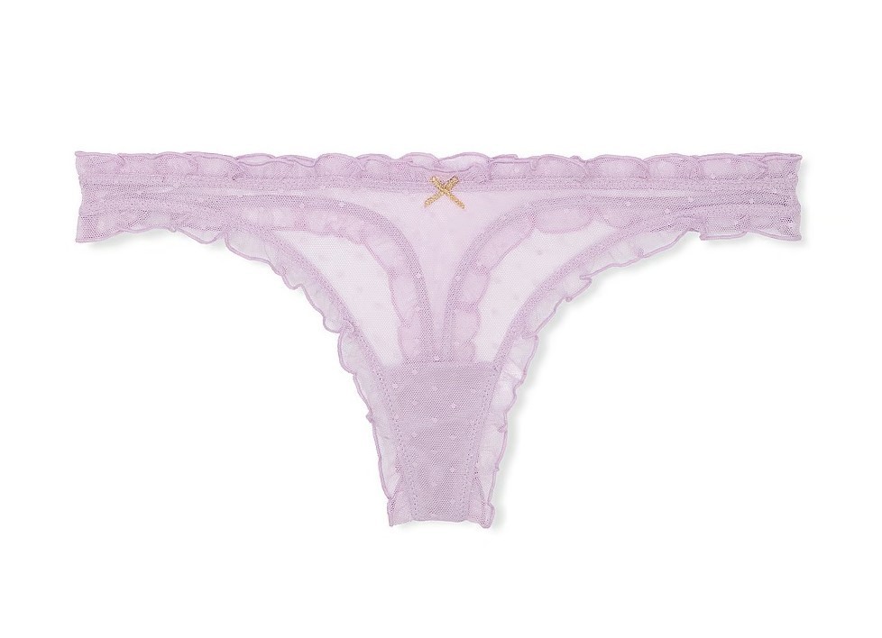VICTORIA’S SECRET Ruffle Thong Panty M L XL Polka Dot Lavender Mesh Gold Bow