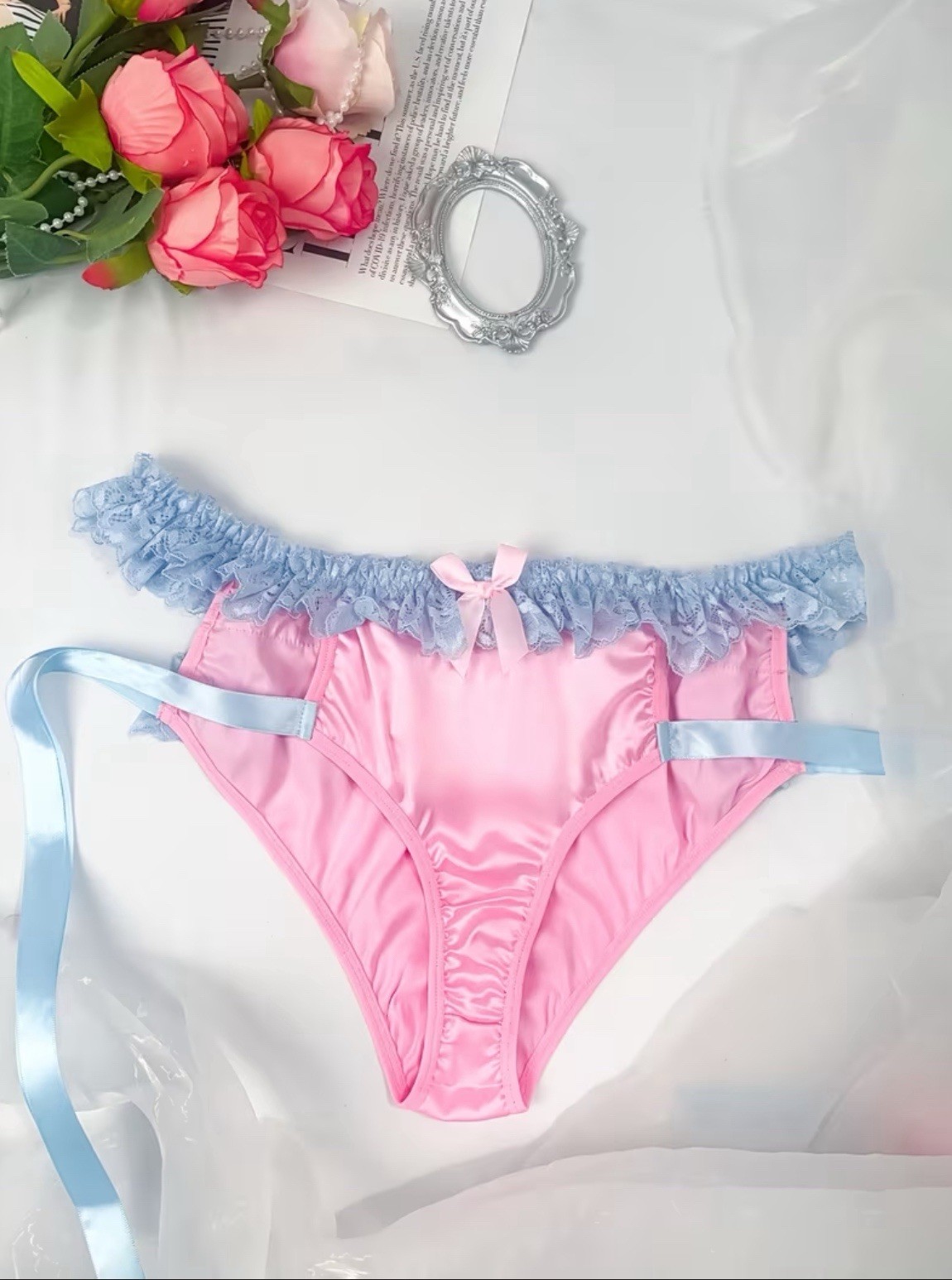 Women’s Cute Lace Shiny Fabric Gentle and Sweet Tie-Front Panties Size 1XL-18 UK