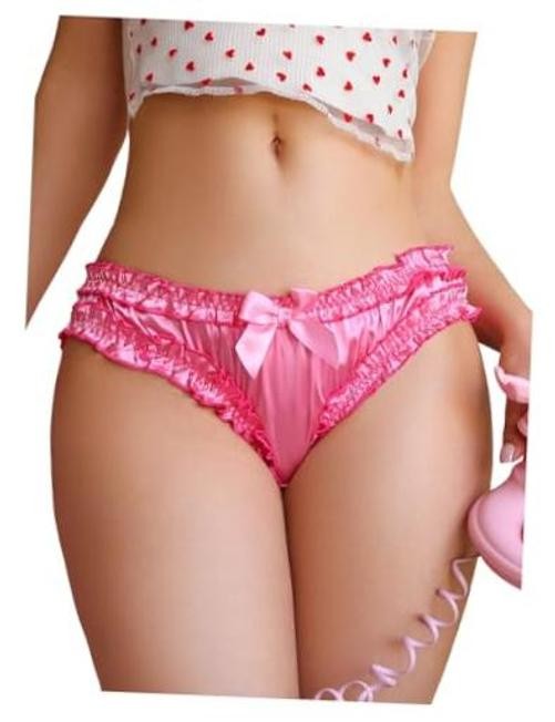 Women’s Satin Panties Cute Bow Frill Trim Briefs Comfortable Mid Medium Pink