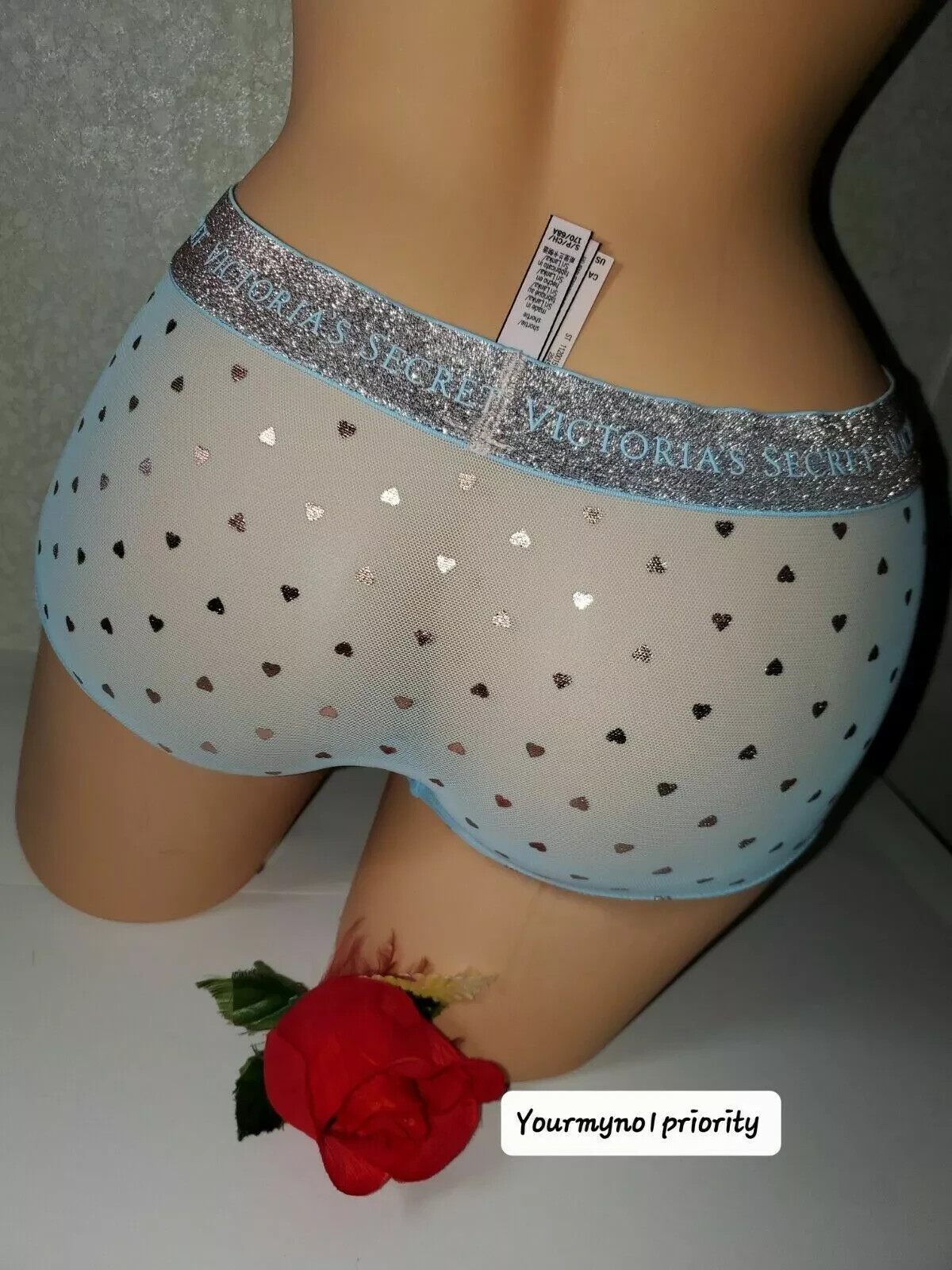 Victoria Secret Sexy Sheer Mesh Shortie Panty Shiny Allover Hearts VS Logo