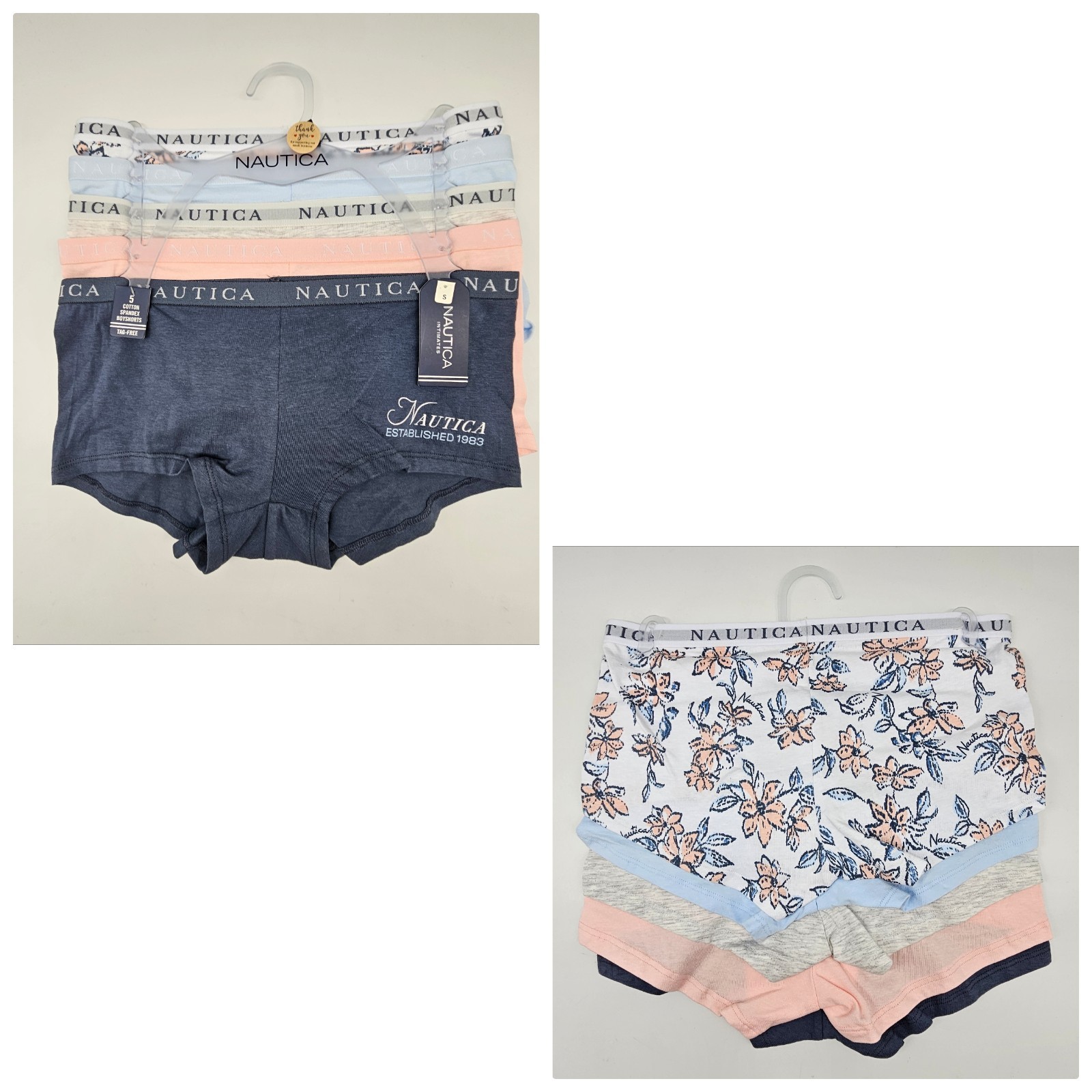 NAUTICA 5 Pack Women’s S M L XL Cotton Logo Boy Shorts White Blue Peach Navy
