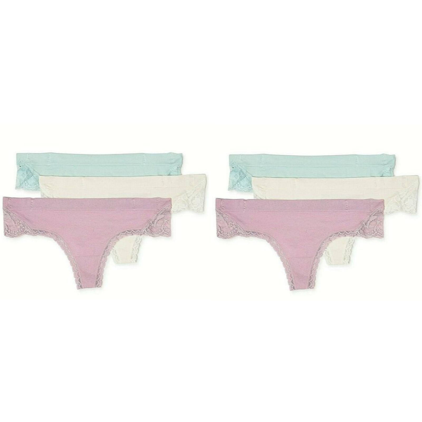 6 Pair Women Thong Panty Size XS 4 Ivory Lilac Seafoam Green Lace Stretch NEW