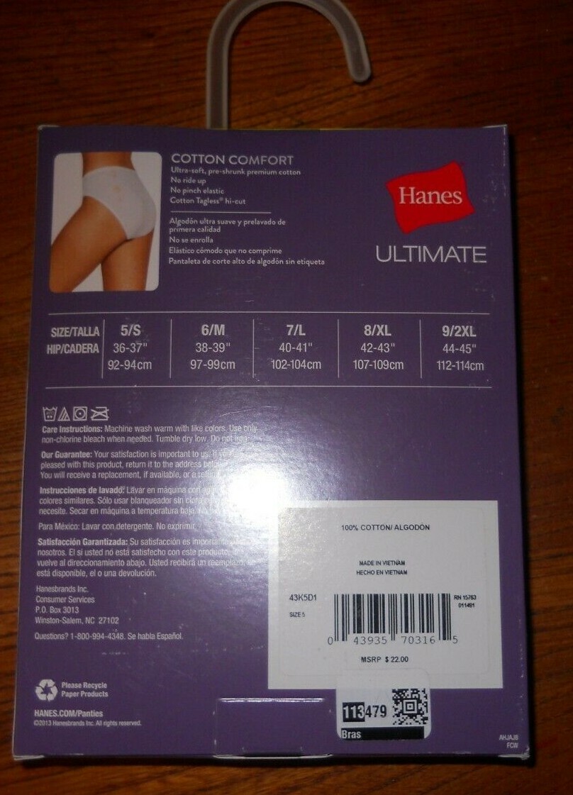Hanes Ultimate Cotton Comfort Soft Hi-Cut Blue Panties 5 Pairs Size 5/S (B323)