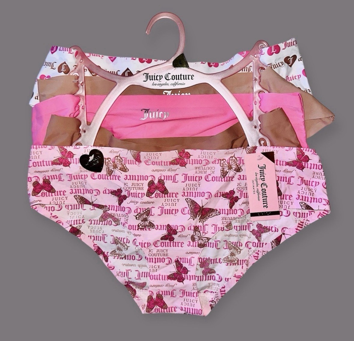 Juicy Couture 5 Pack Women’s Brief Panties Butterfly Heart Pink Brown Size L
