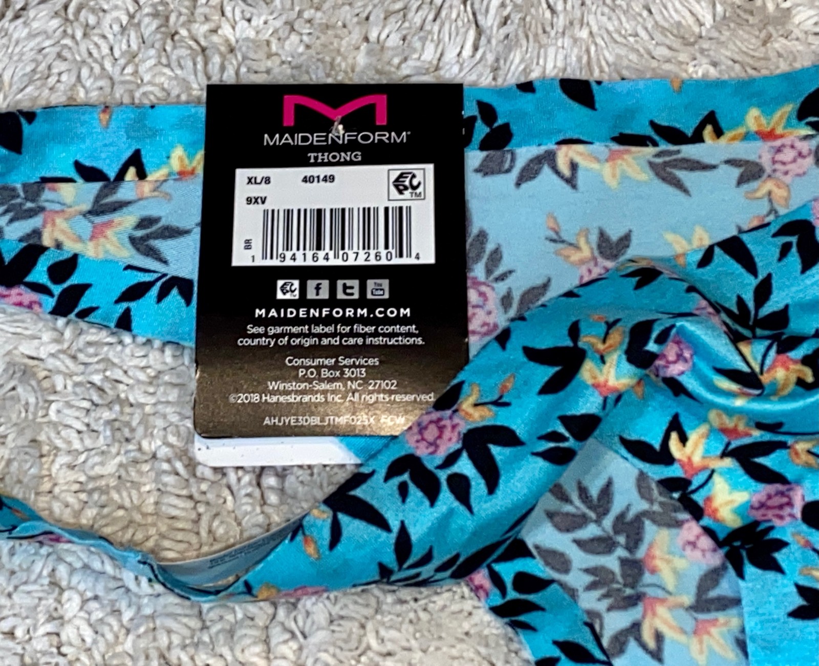 MAIDENFORM Comfort Devotion Tailored Floral Aqua Black Thong Panty Womens XL 8