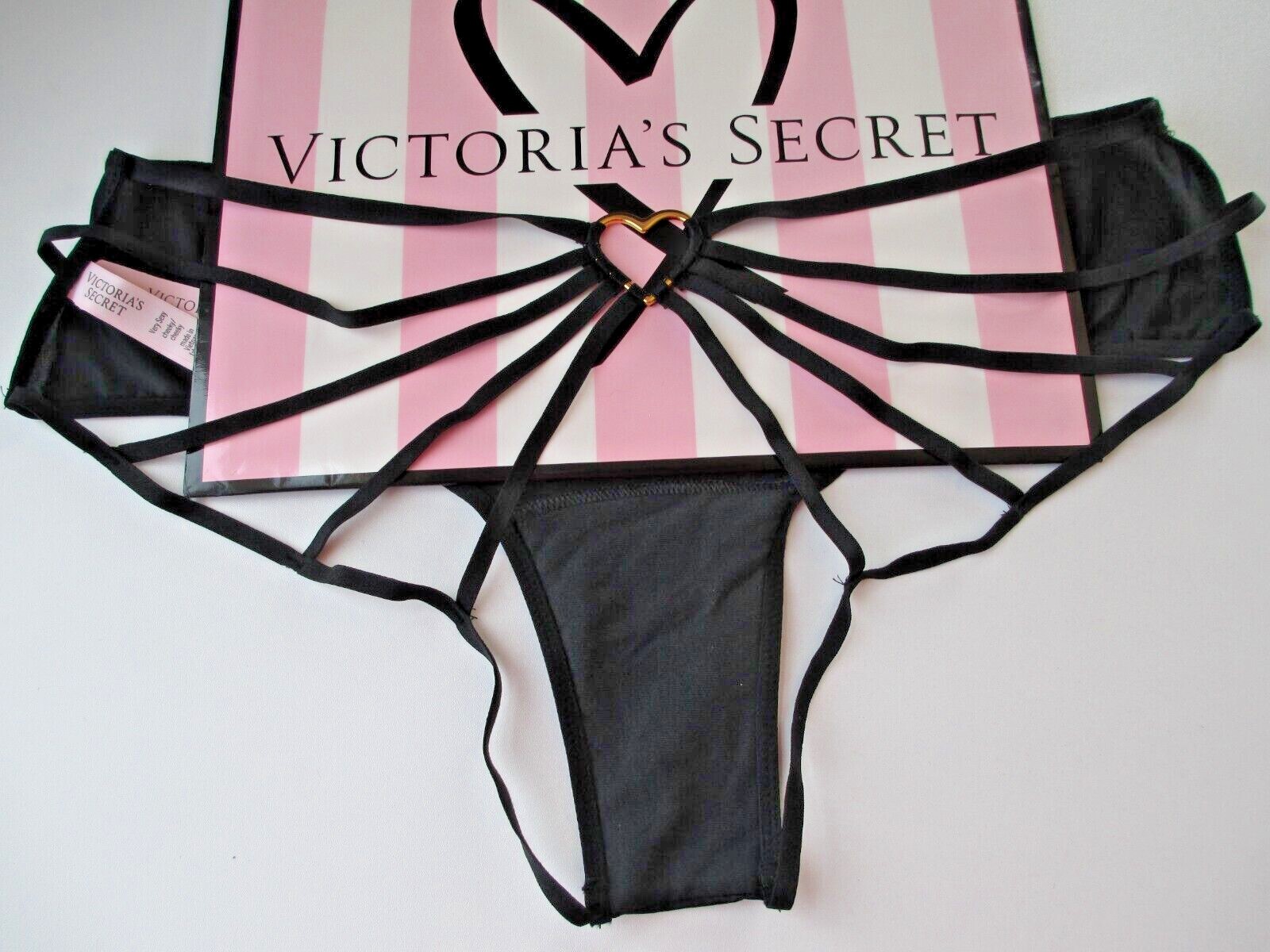 VICTORIA’S SECRET VERY SEXY Black Cheeky Panty Open Back Heart Hardware M L VS