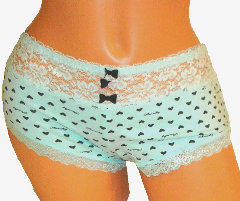 Panties Lingerie Lace Trim Blue Black Heart Print Hipster XL / XXL Adult Gift