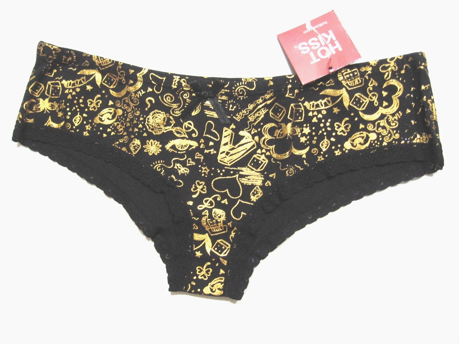 A289 Hot Kiss NEW Gold Dust Print Lace Leg Openings Cotton Boyshort Black Orange