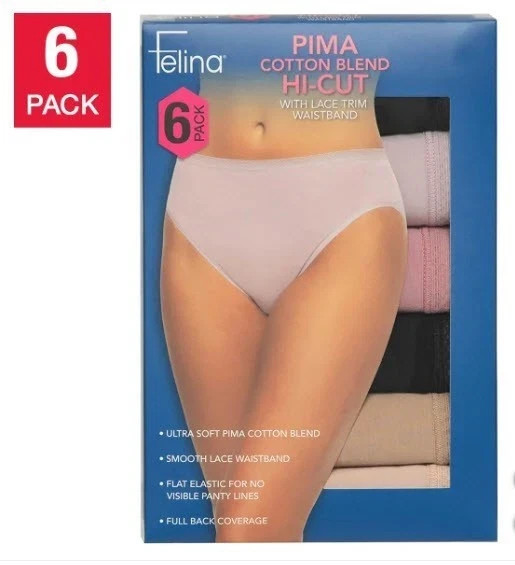 Felina Women’s 6 Pack Pima Cotton Blend Hi cut with Lace Trim Waistband Briefs