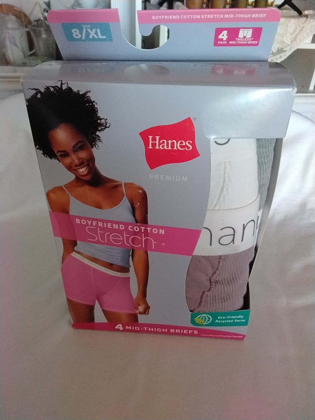 ( LOT OF 4 ) Hanes Premium Boyfriend Cotton White/gray Mid thigh briefs 8 XL NWT