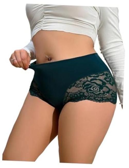 Women’s Plus Size Contrast Lace Boyshorts Mid Rise Tummy X-Large Plus Green