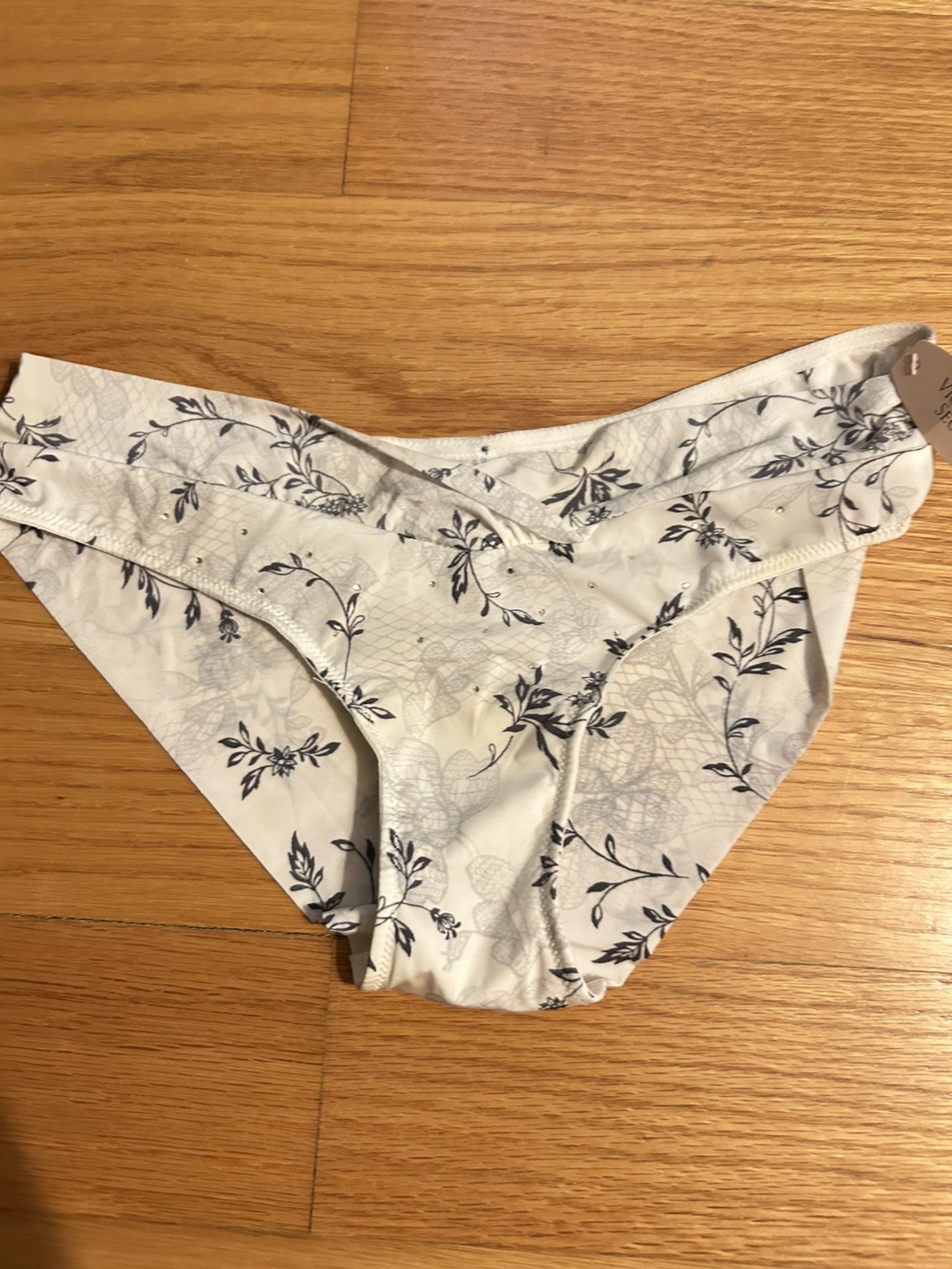 victoria secret white with navy floral pattern, small rhinestones in front small
