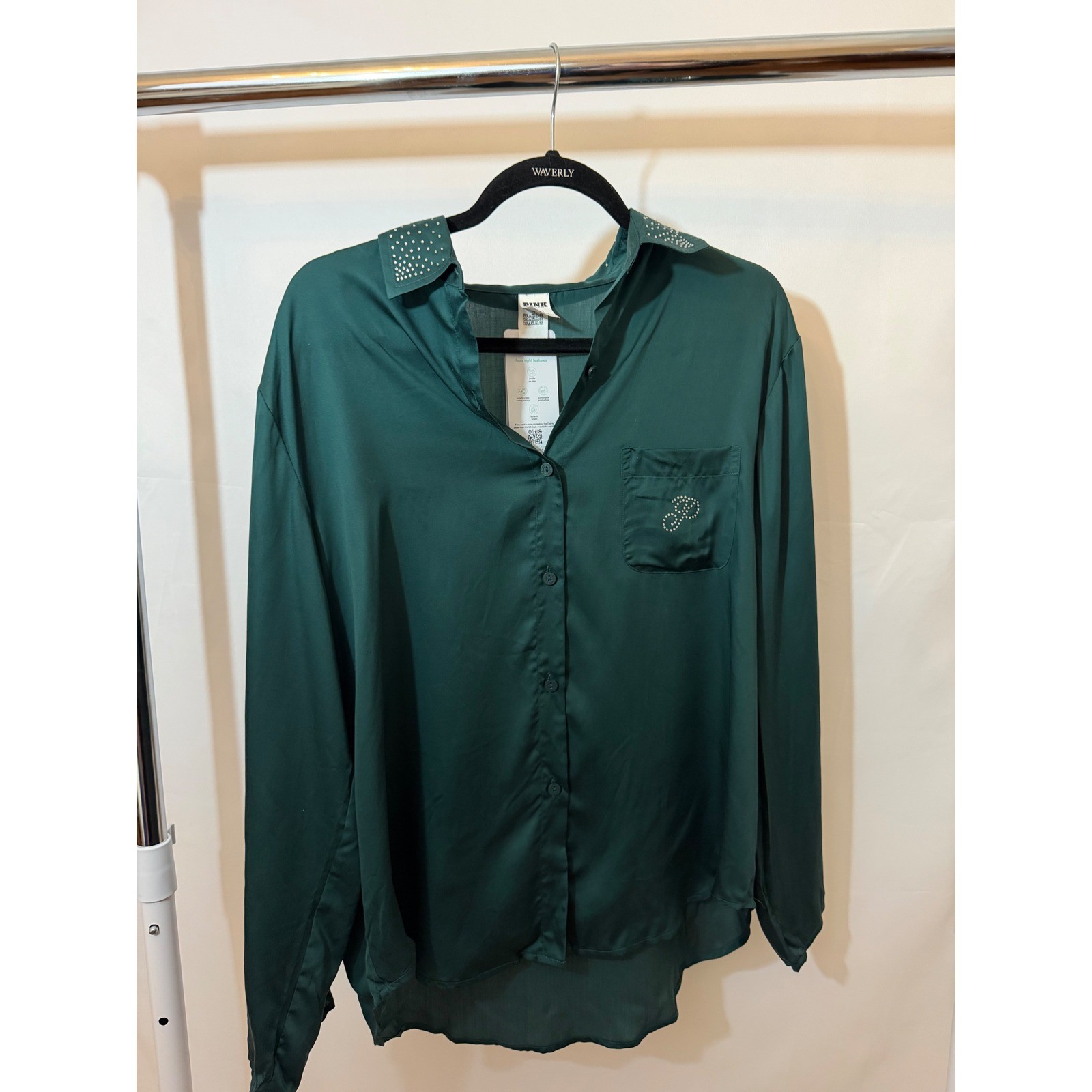 PINK Victoria’s Secret Satin Pajama Top Green Rhinestone Button Up Size M