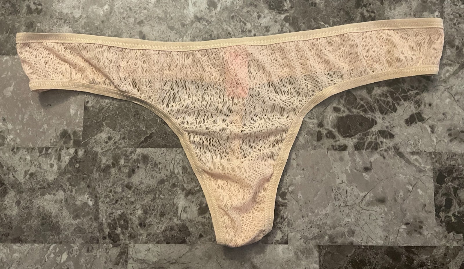 VICTORIA’S SECRET PINK L BEIGE NUDE MESH GRAFFITI VINTAGE RARE V STRING PANTIES
