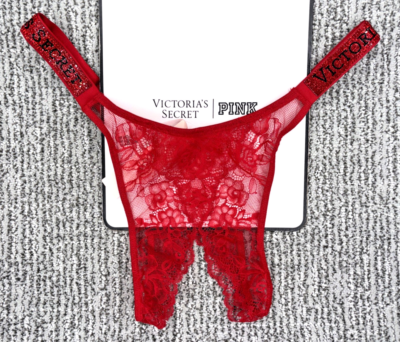 Victorias Secret Very Sexy NWT Small Red Lace Crotchles Brazilian Panty Spellout