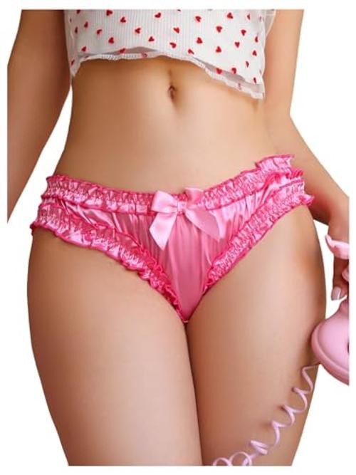 Women’s Satin Panties Cute Bow Frill Trim Briefs Comfortable Mid Medium Pink