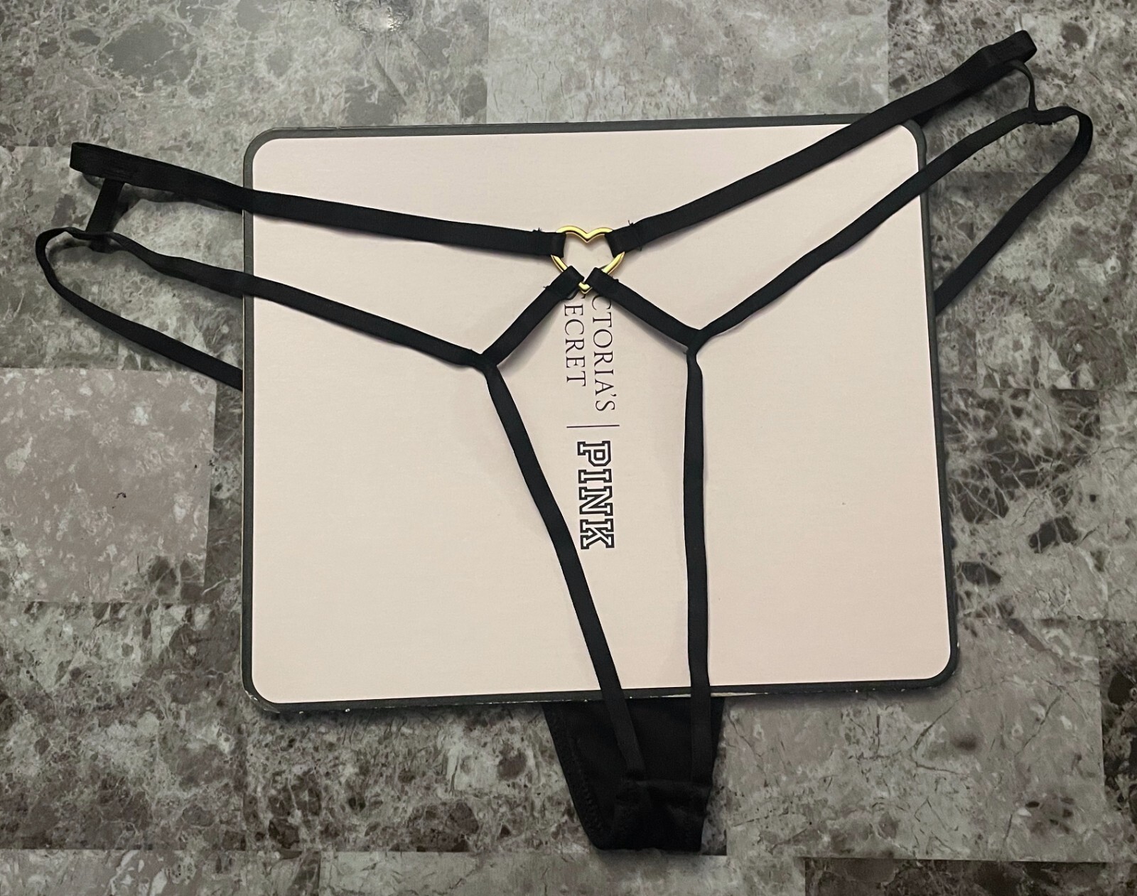 NWT VICTORIA’S SECRET BLACK SATIN SMOOTH STRAPPY HEART HARDWARE THONG PANTIES
