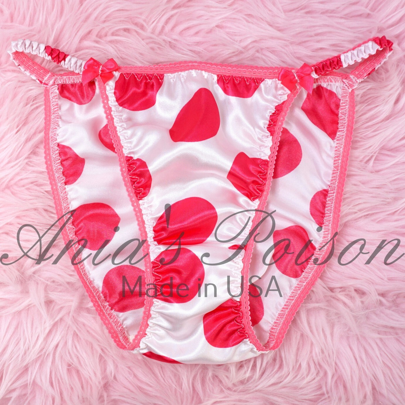 Hot Pink Polka Dot Satin Sissy DUCHESS CUT shiny ladies string bikini panties