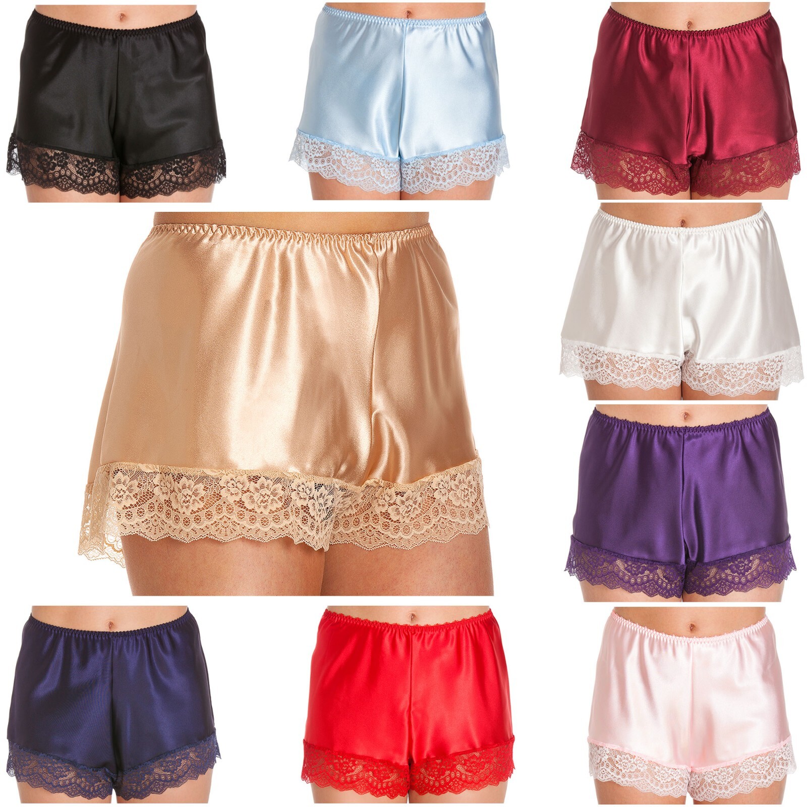 Satin French Knickers With Lace – 9 Colours – Size 10 12 14 16 18 20 22 24 26 28
