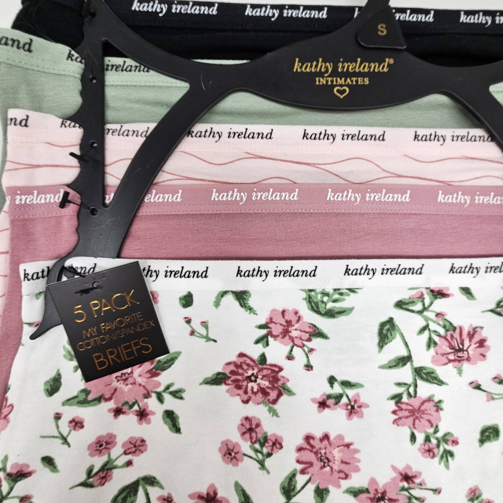 KATHY IRELAND 5 Pack Women’s S M Cotton Briefs Panties Black Green Pink Beige