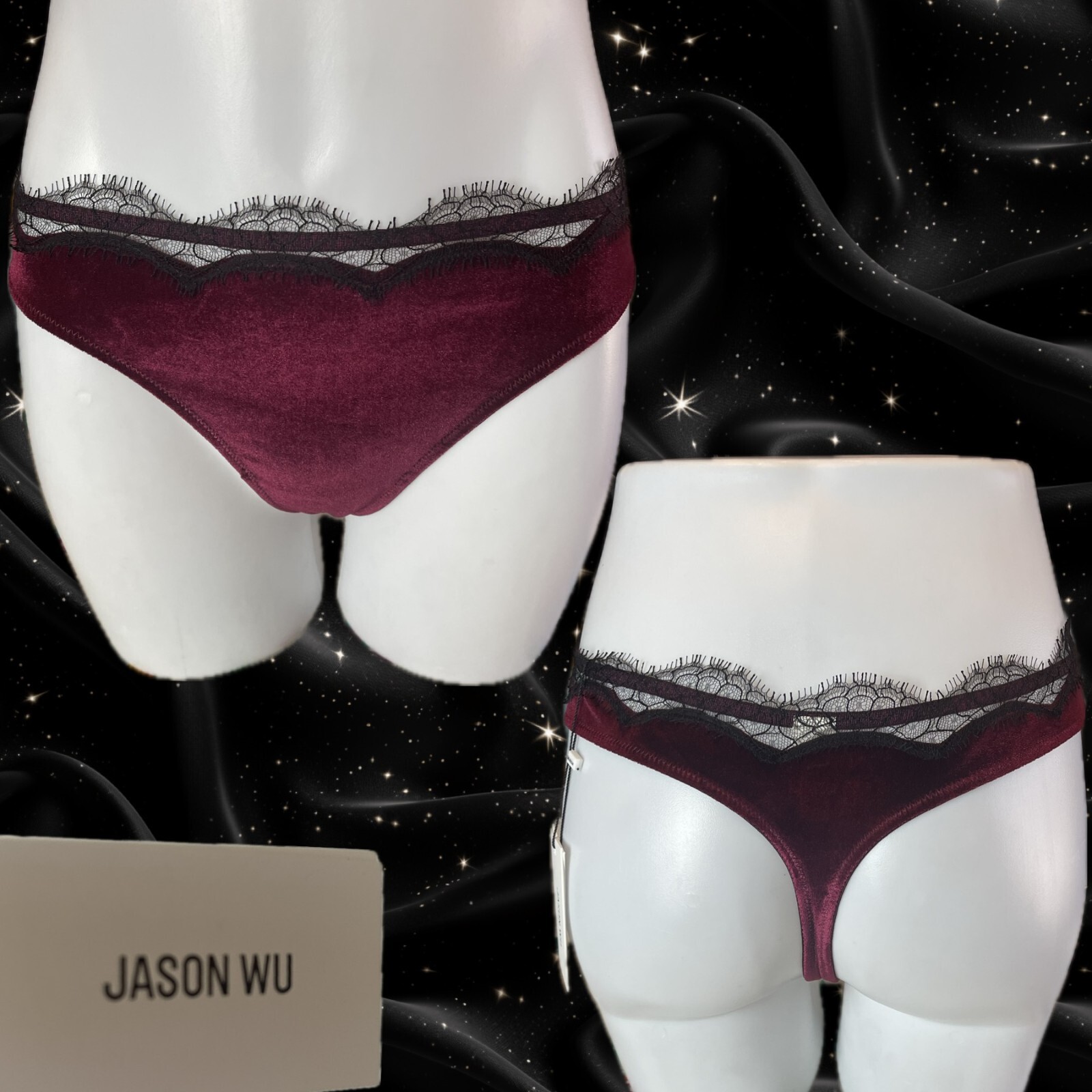Jason Wu XL Burgundy Velvet Scallop Fringe Lace Stretch Waistband Thong Panties