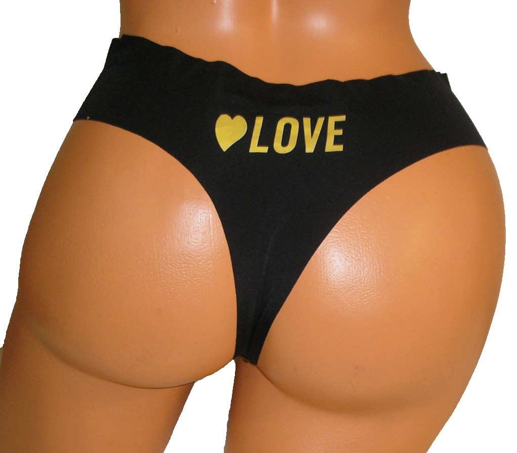 Panties Lingerie Heart Love Print Back Orange Black Thong XL Adult Gift