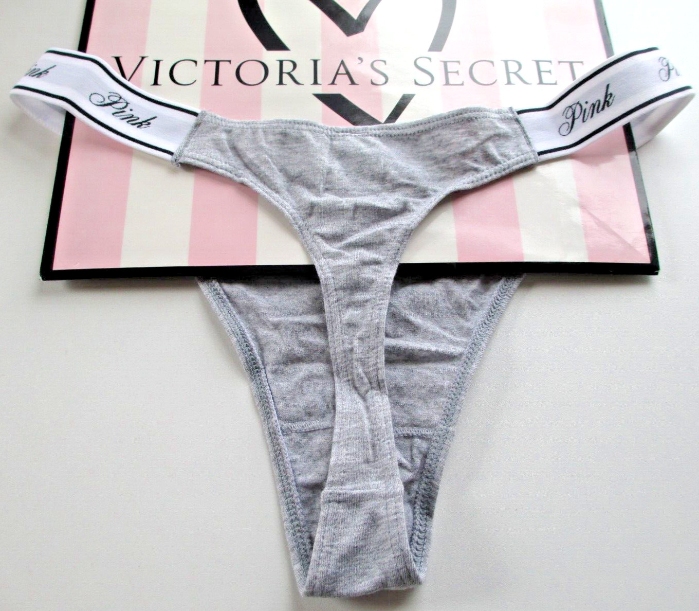 VICTORIA’S SECRET PINK Cotton Logo High Leg Thong Panty S M L XL Gray VS Heather