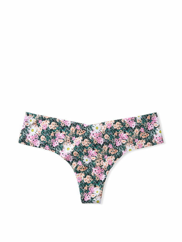 VICTORIA’S SECRET No-Show Shimmer Thong Panty Black/Green Ditsy Garden