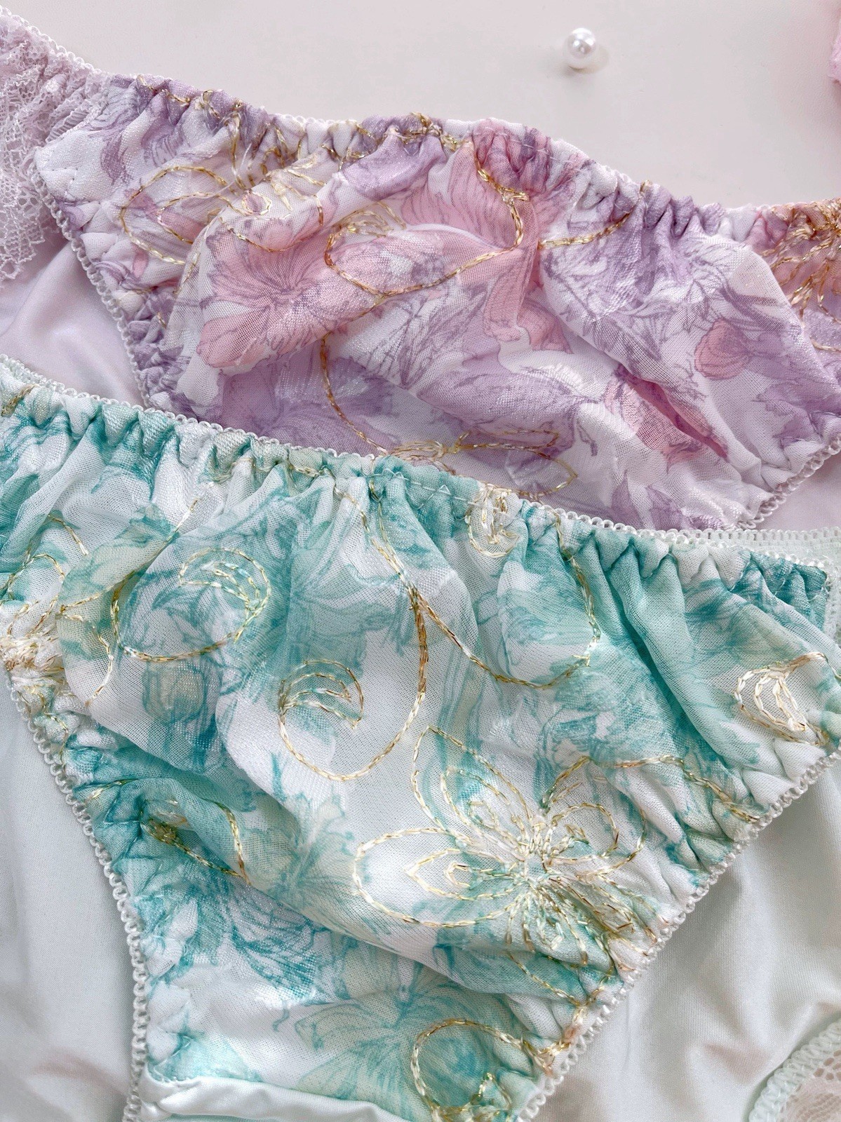 Set Of 2 US-S, M/JP-LL Japanese Floral Embroidery Shiny Smooth Nylon Panties