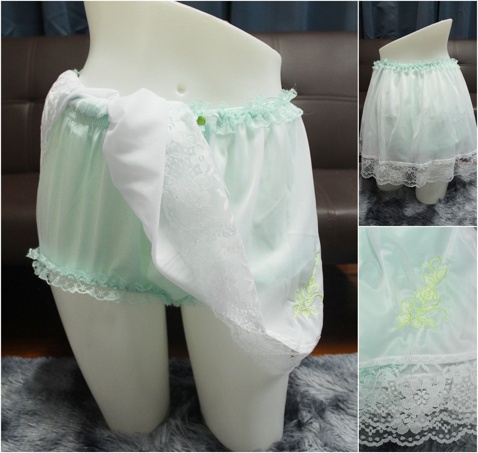#A102 2XL/ElasticW.24-44″ 2in1 Green Nylon Full Brief + White Half Slip 15″