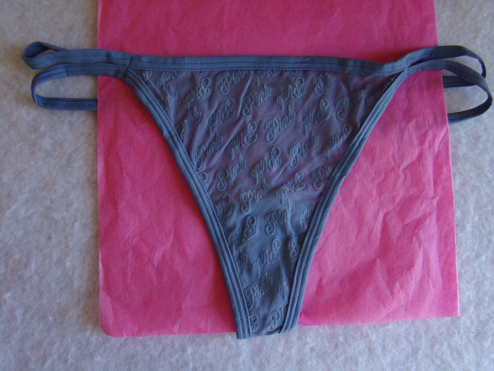New Victoria’s Secret Blue Gray PINK Logo Pattern All Over Thong String Panties