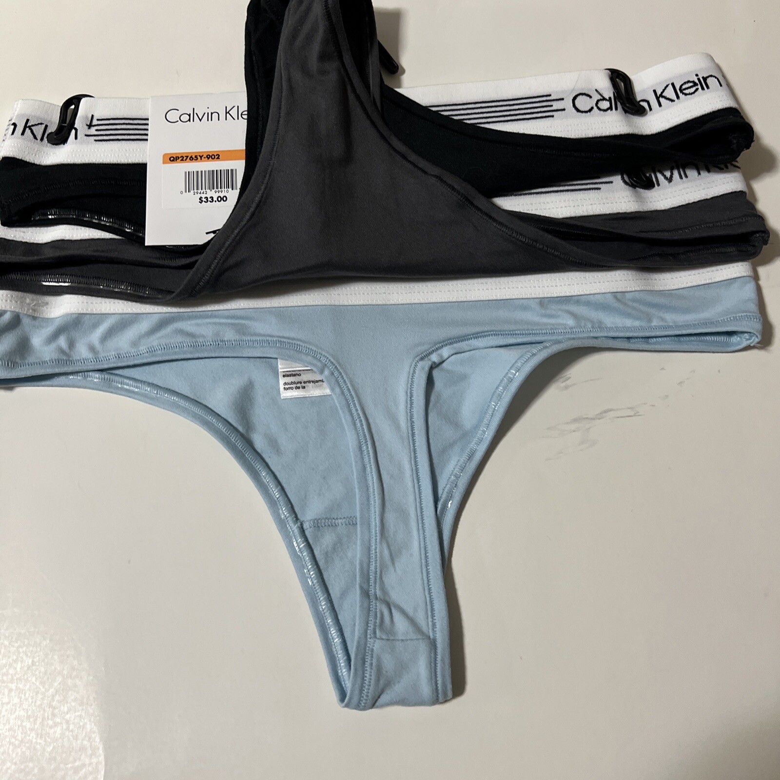 3 New Calvin Klein Mid RiseTHONG Panties Cotton Blend 3pk Black Gray Blue. New