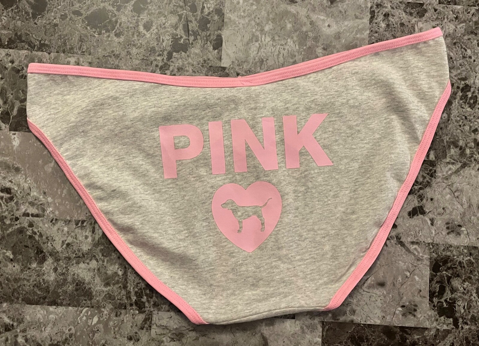 NWT VICTORIA’S SECRET PINK ORIGINALS XL GRAY LOGO DOG HEART BIKINI PANTIES