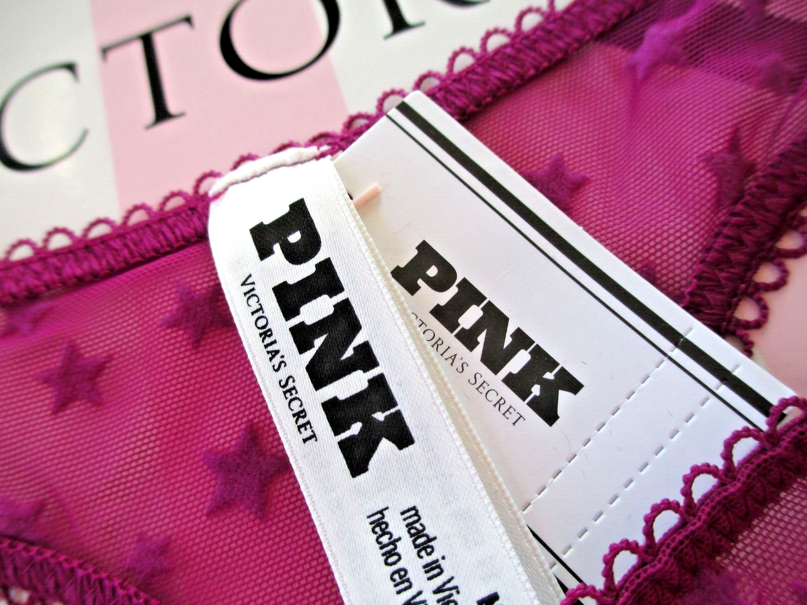VICTORIA’S SECRET PINK Wink Strappy Mesh Thong Panty VS Velvet Stars S M XL Pink