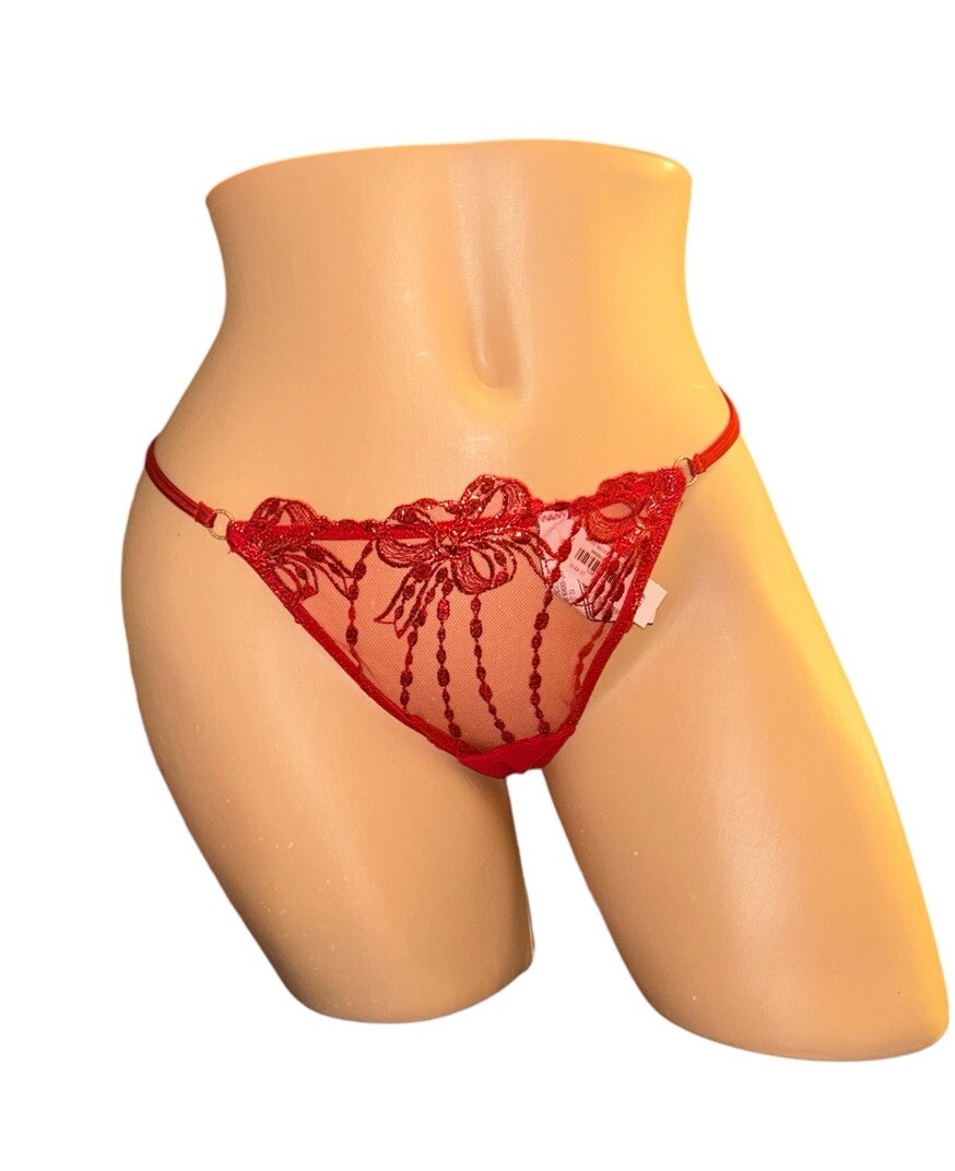 Victoria’s Secret Luxe Thong Panty Lace Red Small Shine Embellish New