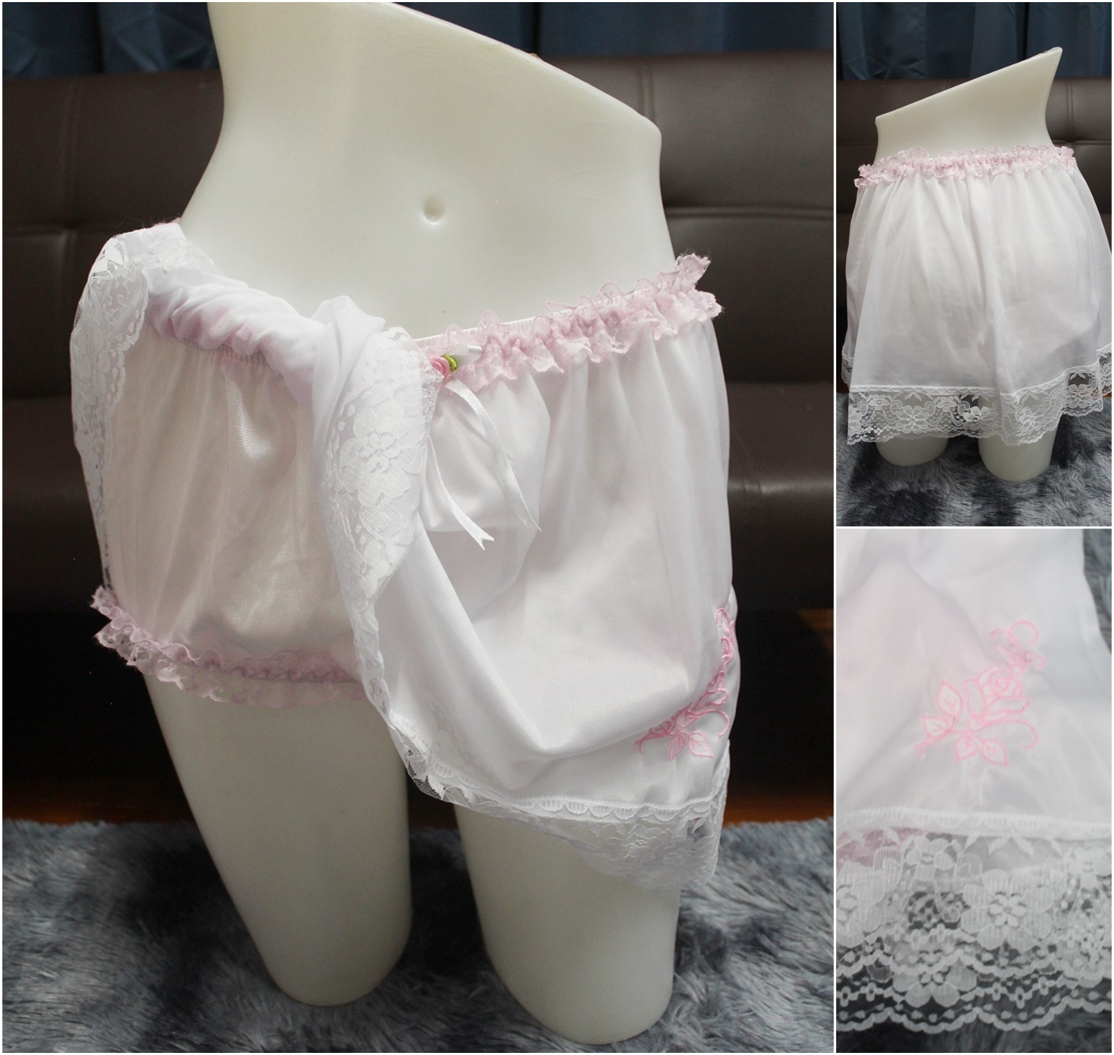 #A99 2XL/ElasticW.24-44″ 2in1 Pink Nylon Full Brief + White Half Slip 15″