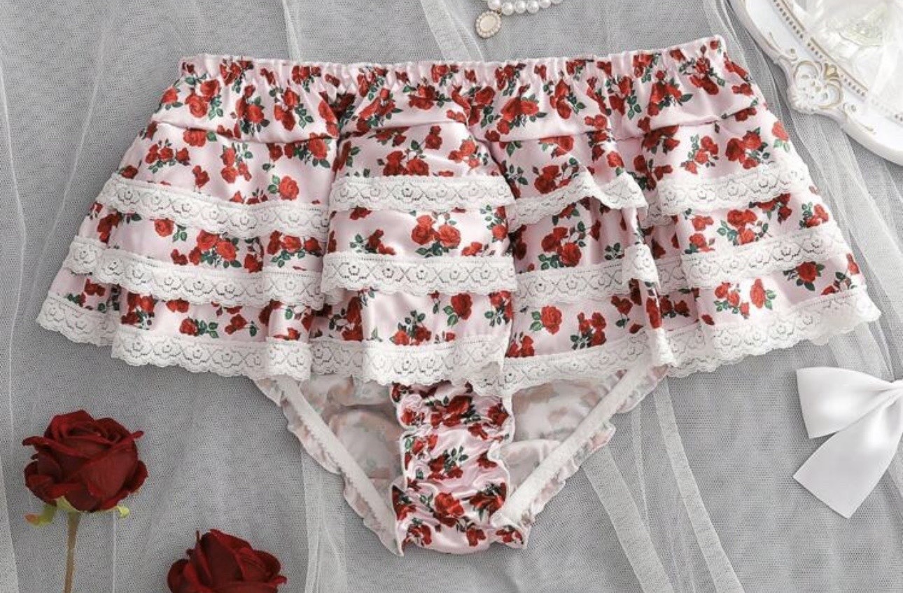 Countryside Rose 🌹 Print Satin Tiered Skirted Lace Brief Panties L NEW Sissy