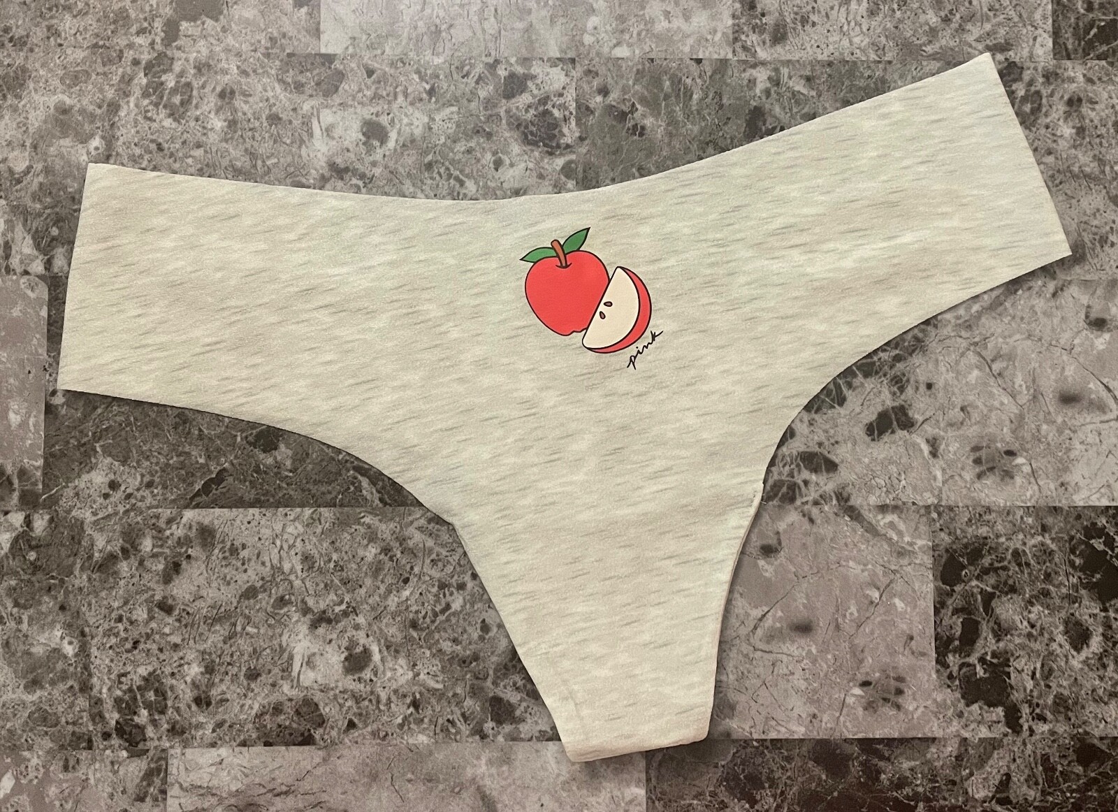 NWOT VICTORIA’S SECRET PINK GRAY RED APPLE RAW EDGE NO SHOW THONG PANTIES