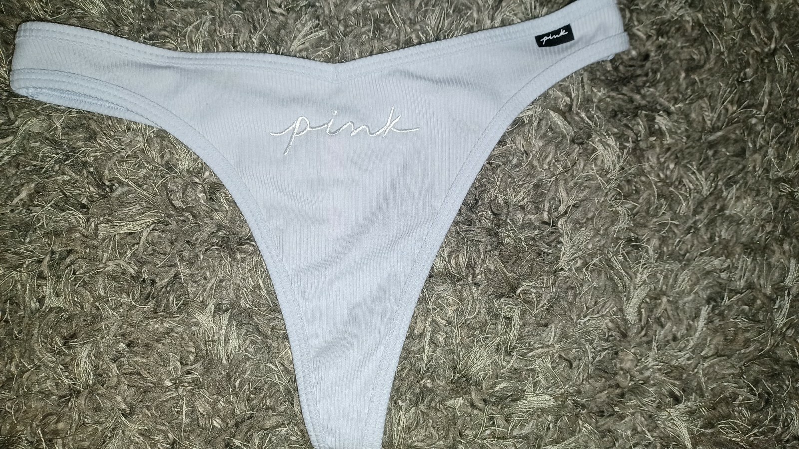 VS pink cotton ribbed thong Panty NEW SIZE small pale blue embroidered logo