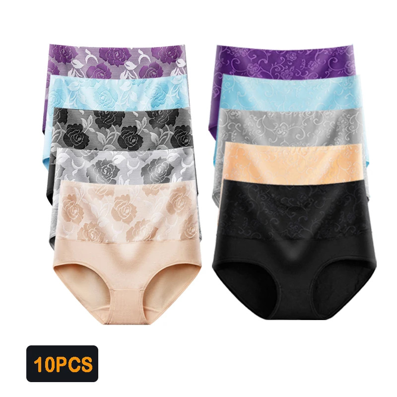 Plus Size High Waist Panties Cotton Women Abdominal Support Full Coverage 10 Pcs