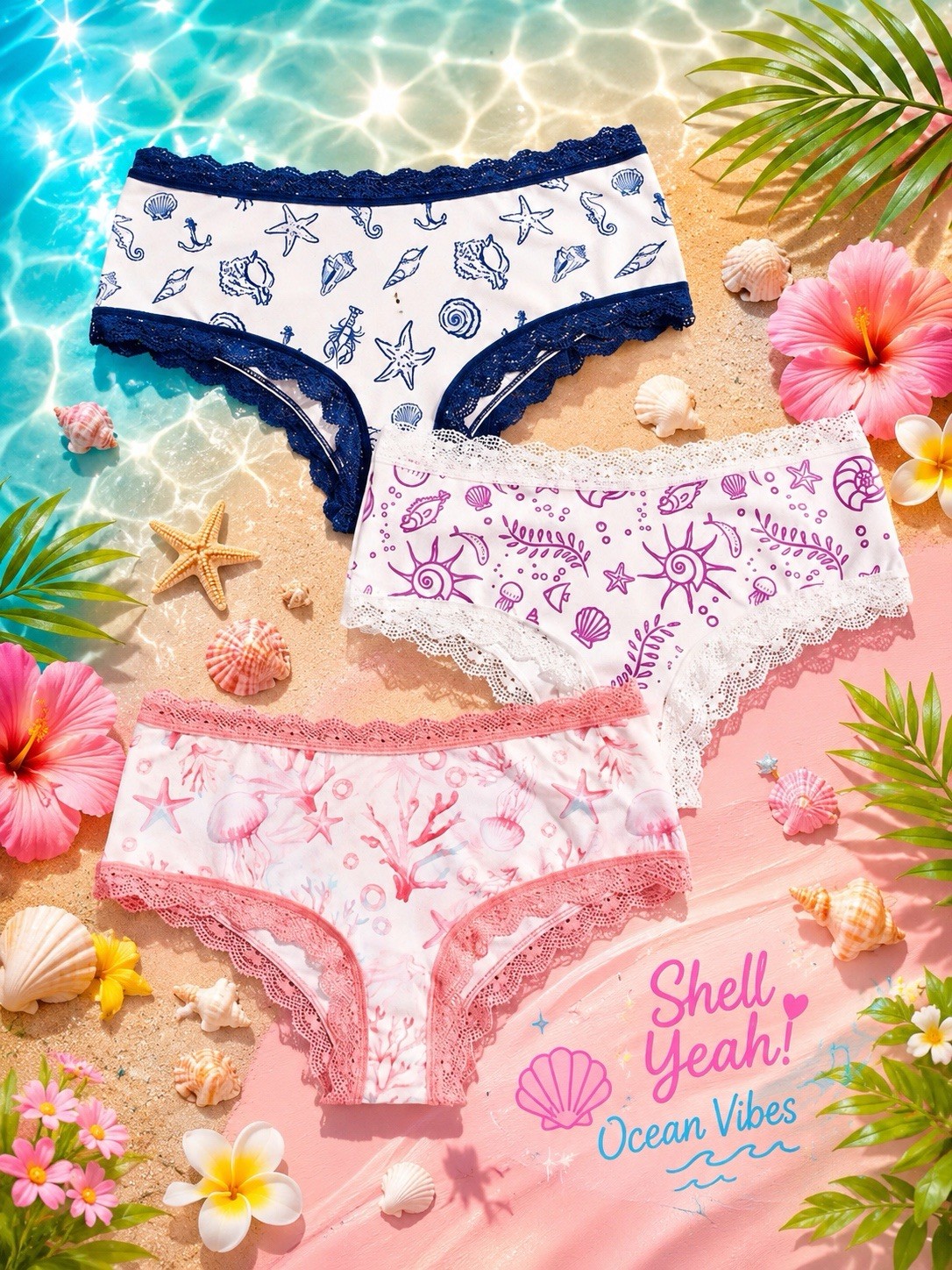 Women’s Teen Marine Life Bikini Brief Panties Lace Trim Stretch Blue Pink 3pk M