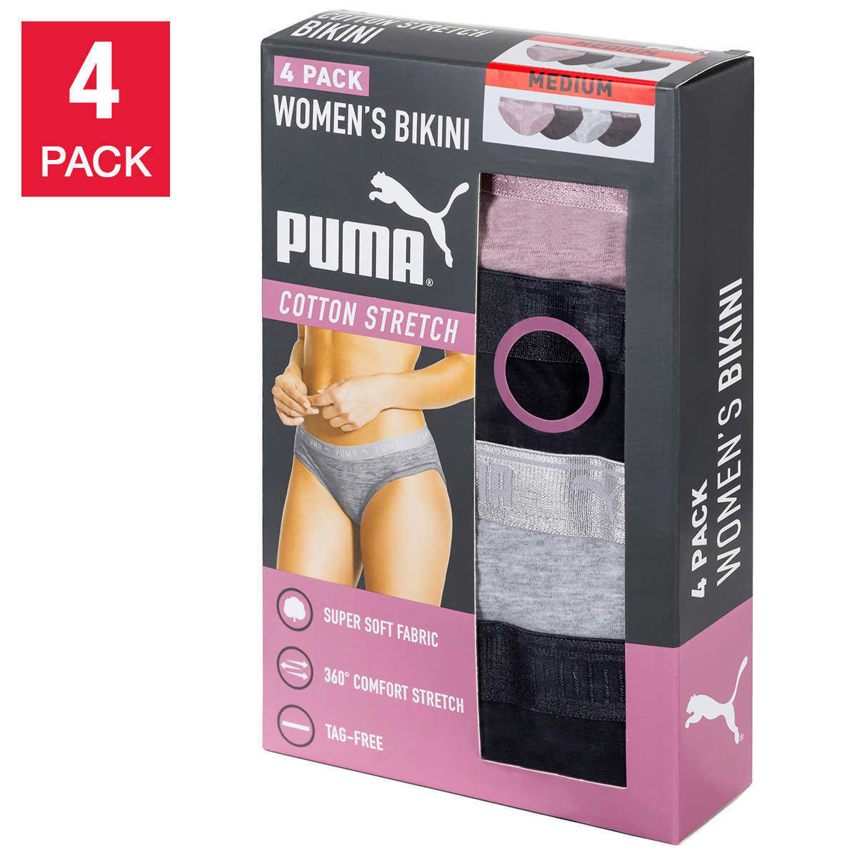 Puma, 4 Pk – Ladies’ Soft Cotton Stretch Low-Rise Bikini (Choose Size)