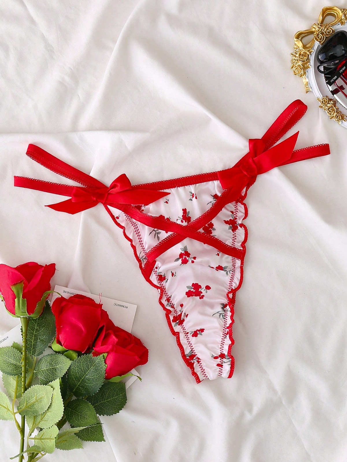 Women’s Kawaii Red Floral Satin Double Strap Knickers Frilly Cute Thong Panty