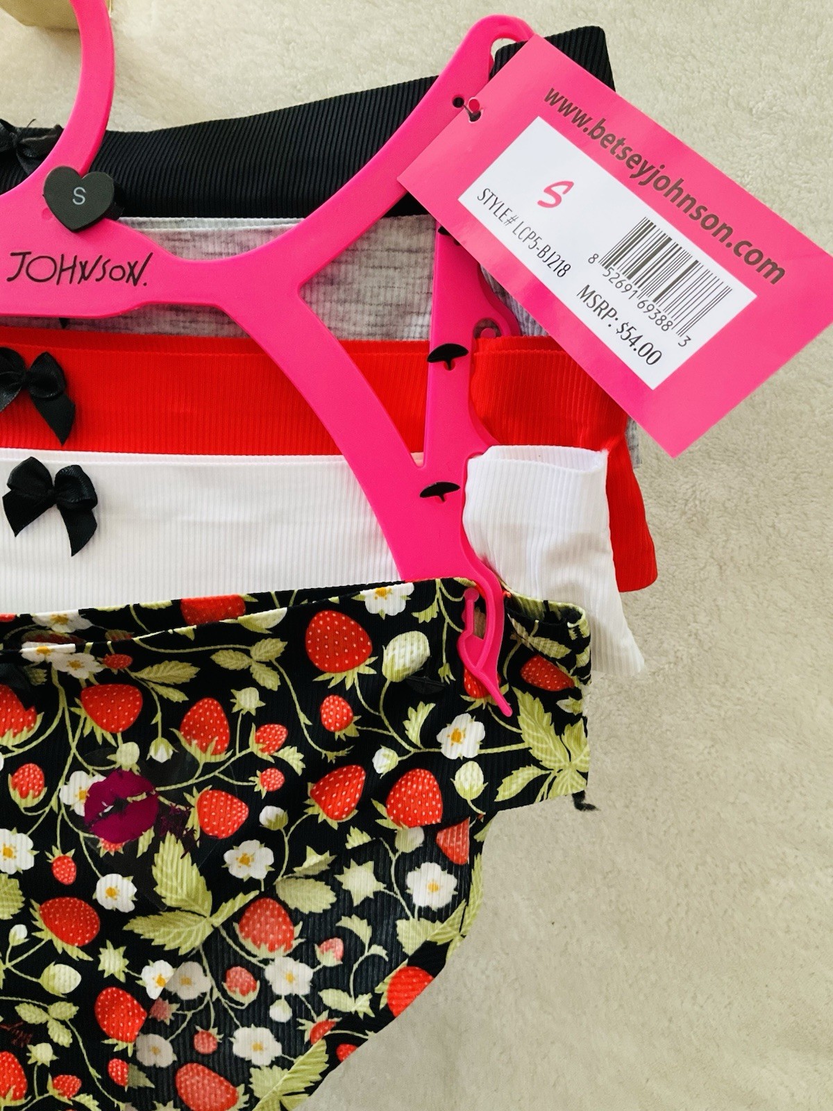 NWT BETSEY JOHNSON 5pc High Leg Bikini Nylon Spandex Panty Strawberry Set Small