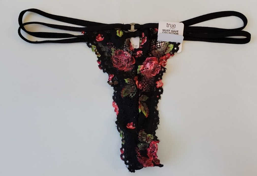 Rue 21 Women’s Lace Thong Panties X-LARGE O Ring Black W Roses Double Strap New