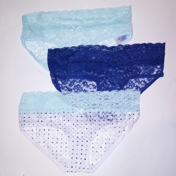 Set of 3 Simply Styled Panties Small Blue White Solid Polka Dots Lace New